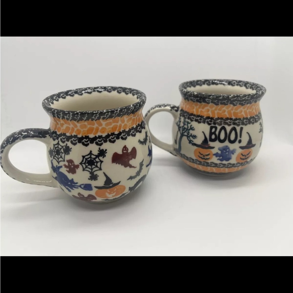 Set of 2 Halloween KALICH POLISH POTTERY Mug Tea Cups Ceramic Made in Poland Boo